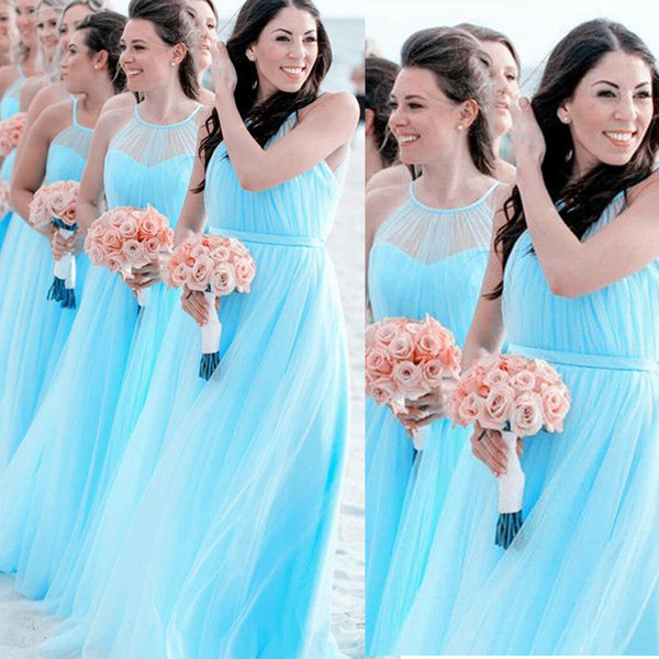 Chiffon Bridesmaid Dresses Blue Cheap Halter Neckline Pleats Floor Length Light Sky Blue Wedding Guest Dresses Gowns