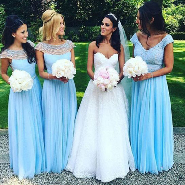 Blue Bridesmaid Dresses Pearls Beaded Crew Neckline Cap Sleeve Chiffon Floor Length Evening Dresses Wedding Party Dresses