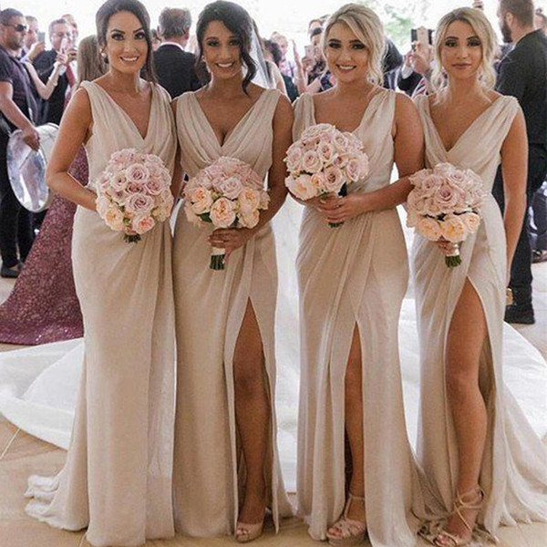 Ivory Bridesmaid Dresses Deep V Neck Draped Pleats Mermaid Side Slit Chiffon Floor Length Long Wedding Guest Dresses