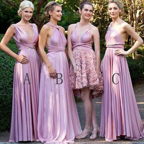 Chiffon Bridesmaid Dresses Convertible A Line Pink Long Maid of Honor Dresses Cheap Wedding Party Dresses