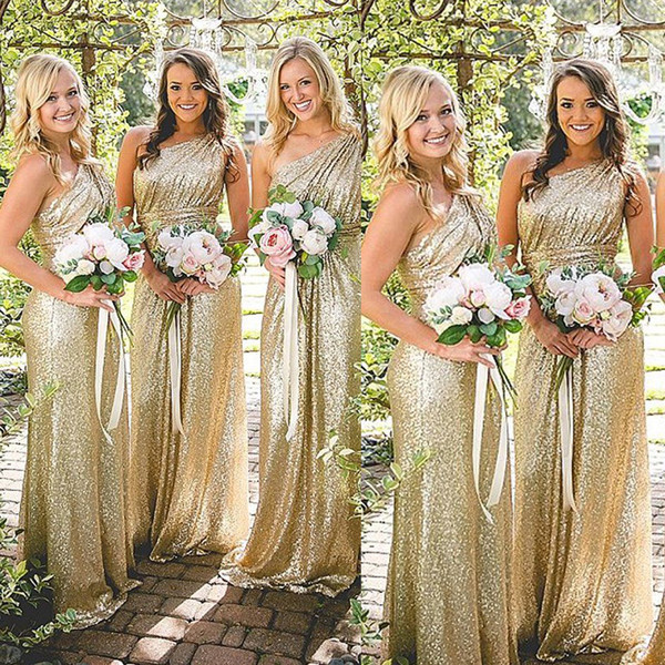 Gold Sequins Bridesmaid Dresses One Shoulder Pleats Asymmetrical Sexy A Line Sparkly Evening Dresses Long Evening Gowns Arabic