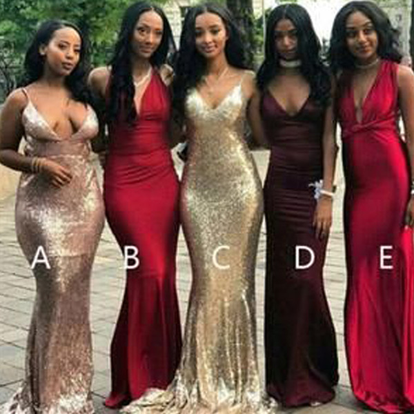 Cheap Bridesmaid Dresses Sequins Deep V Neck Sexy Mermaid Floor Length Long Maid of Honor Dresses Wedding Party Dresses Gowns