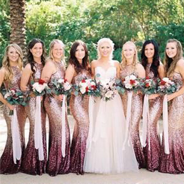 Gradient Color Bridesmaid Dresses Sequins Halter Neckline Mermaid Floor Length Long Maid of Honor Dresses Wedding Guest Dresses