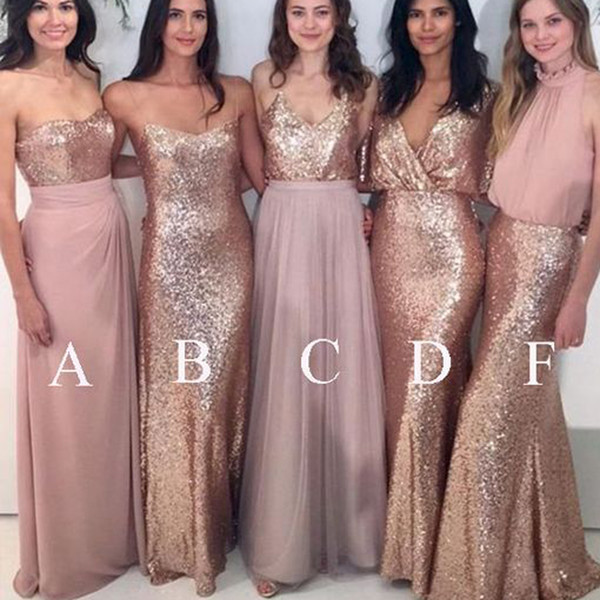 Gold Bridesmaid Dresses Elegant Sweetheart Sequins Chiffon A Line Floor Length Long Maid of Honor Dresses Cheap