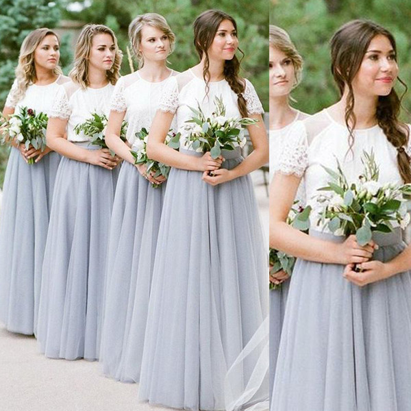 White and Grey Bridesmaid Dresses Long Crew Neckline Tulle A Line Floor Length Maid of Honor Dresses