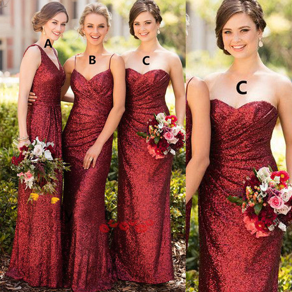 Red Bridesmaid Dresses Sweetheart Neckline Sequins Mermaid Sparkly Floor Length Maid Of Honor Dresses Gowns