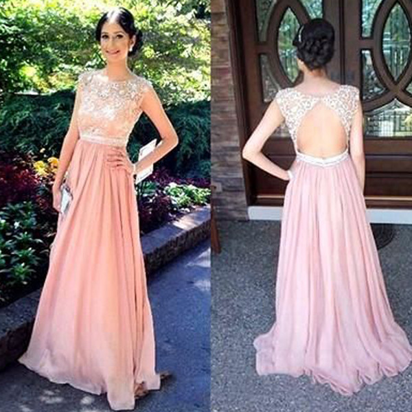 Lace Bridesmaid Dresses Pink Sheer Crew Neckline Chiffon A Line Floor Length Maid Of Honor Dresses Wedding Party Dresses