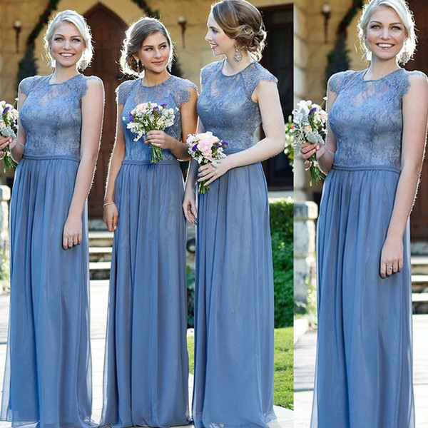 Lace Bridesmaid Dresses Blue Crew Neckline A Line Chiffon Floor Length Long Maid of Honor Dresses Wedding Party Dresses