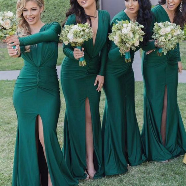 Green Bridesmaid Dresses Deep V Neck Front Slit Long Sleeve Mermaid Floor Length Long Maid of Honor Dresses Wedding Dresses