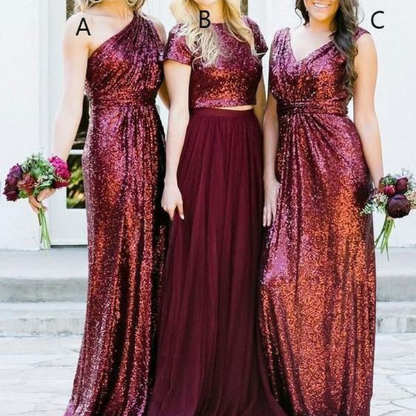 Sequins Bridesmaid Dresses One Shoulder Floor Length A Line Sparkly Floor length Wedding Party Dresses Long