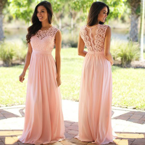 Pink Bridesmaid Dresses Lace Cheap A Line Backless Floor Length Maid of Honor Dresses Long