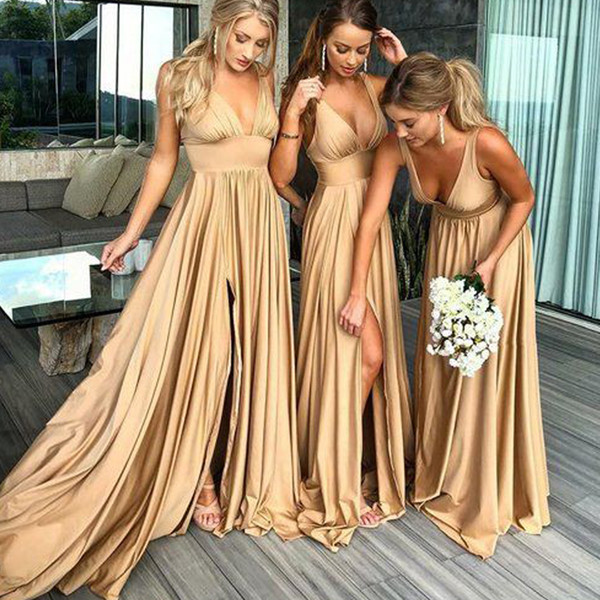 Cheap Bridesmaid Dresses Deep V Neck Front Slit Chiffon A Line Floor Length Maid Honor Dresses