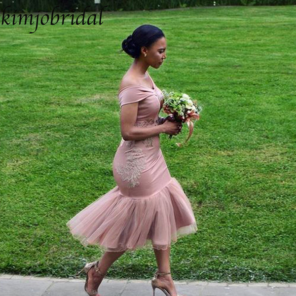 Blush Bridesmaid Dresses Off the Shoulder Lace Appliques Mermaid Puffy Tea Length Maid Of Honor Dresses Arabic