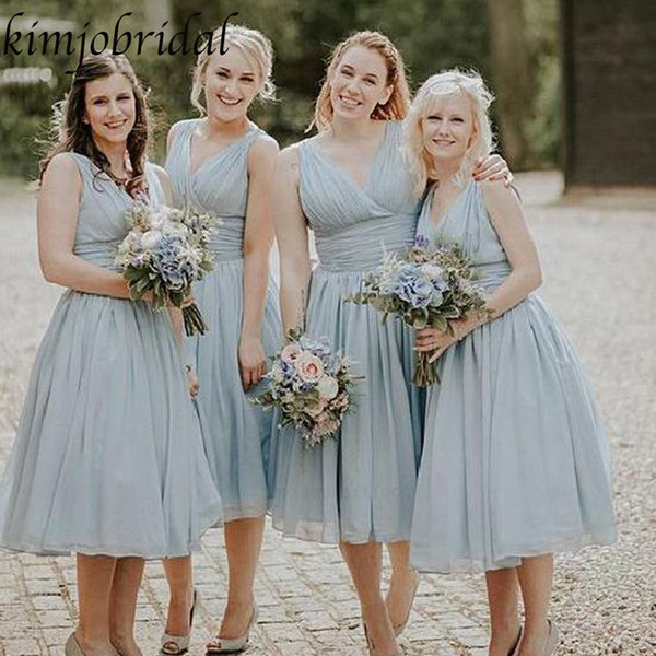 Sage Bridesmaid Dresses V Neck Pleats Chiffon A Line Short Maid Of Honor Dresses Cheap Bridesmaid Dress