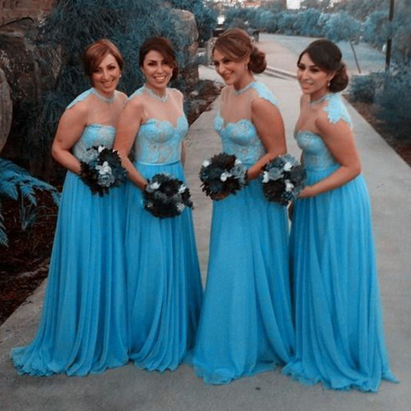 Blue Bridesmaid Dresses Lace Sheer Bodice A Line Chiffon Floor Length Maid Of Honor Dresses Gowns