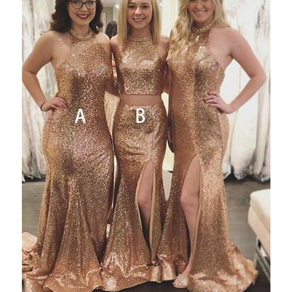 Gold Bridesmaid Dresses Crew Neckline Mermaid Sexy Maid Of Honor Dresses Bling Bling Wedding Party Dresses