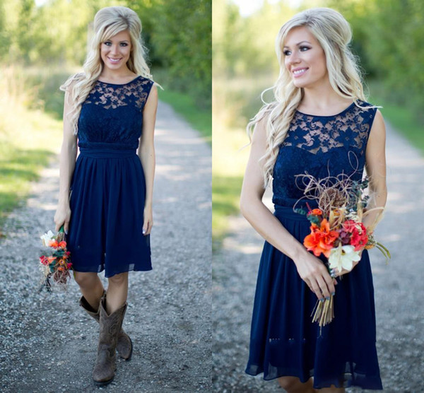 2019 Lace Chiffon Western Country Style Bridesmaid Dresses Short Knee Length Navy Blue Junior Bridesmaid Dress for Wedding Guest Gowns