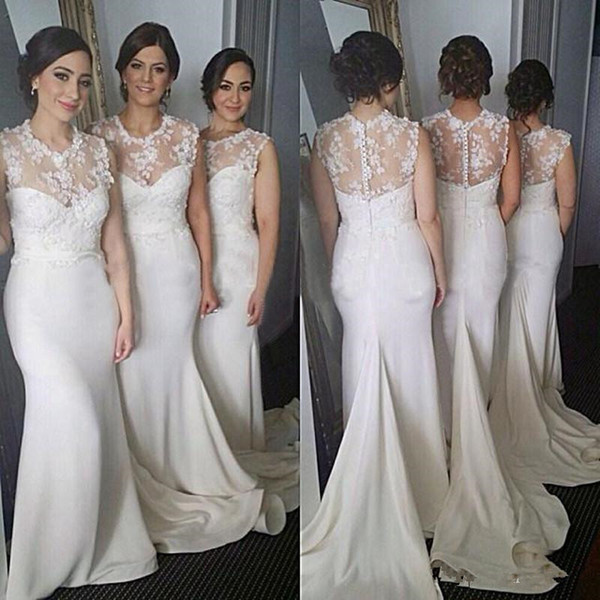 Gorgeous 2017 Ivoy Stain And Lace Mermaid Bridesmaid Formal Dresses Elegant Jewel Back Covered Button Court Train Gown Custom Made