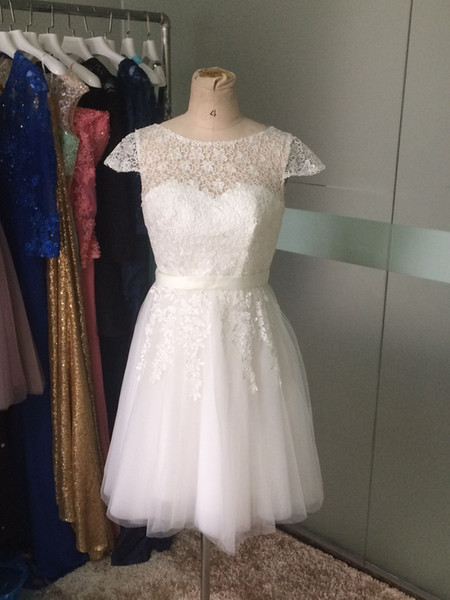 Tulle and Lace Short Bridesmaid Dresses Jewel Short Sleeve Zipper Knee-Length Ribbons White Wedding Party Gowns Real Photos Dresses