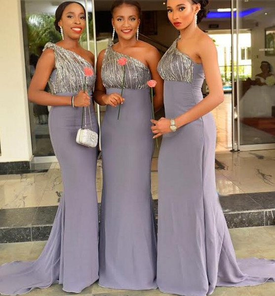 Chiffon Long Bridesmaid Dresses One Shoulder Sleeveless Zipper Sweep Train Mermaid Bridesmaids Dresses Custom Made