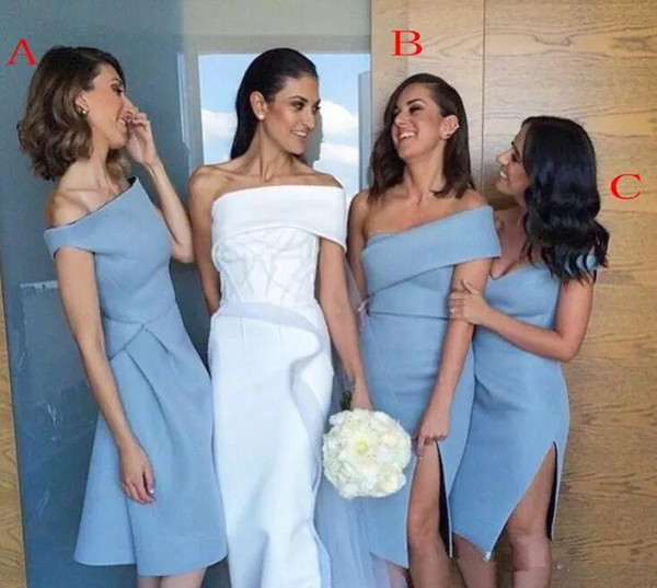 Sexy Light Blue Satin Off The Shoulder One Shoulder Short Beach Bridesmaid Dresses Cheap Side Split Knee Length Maid Of Honor Gown