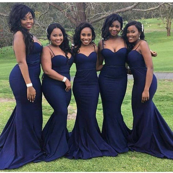 2016 New Dark Navy African Bridesmaid Dresses Spaghetti Mermaid Long Formal Maid of Honor Wedding Guest Dresses Cheap Plus Size Custom