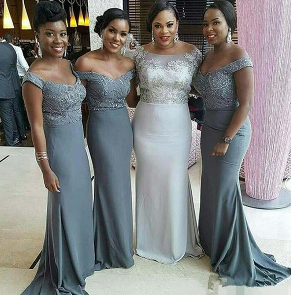 Cheap Off the Shoulder Grey Bridesmaid Dresses Plus Size African Sexy Maid Of Honor Gowns Formal Wedding Guest Dress Short Sleeves