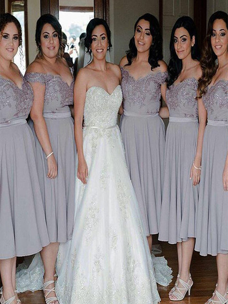 Custom Made Chiffon with Lace Short A-line Bridesamid Dresses V-Neck Sleeveless Zipper Tea-Length Gray Wedding Party Gowns 