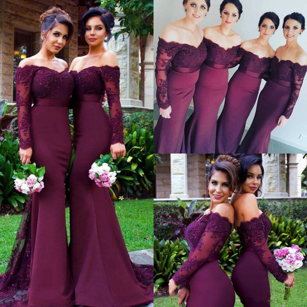 Custom Made Beads Mermaid Bridesmaid Dresses Off Shoulder Long Sleeve Lace Applique Cheap Custom Made Bridesmaids Wedding Dress