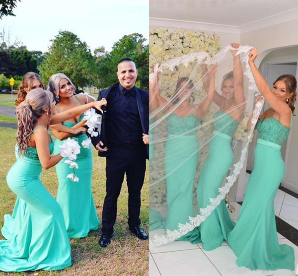 Custom Made 2017 Mermaid Bridesmaid Dresses Sweetheart Spaghetti Zipper with Button Sweep Train Satin with Top Lace Sexy Wedding Party Gowns