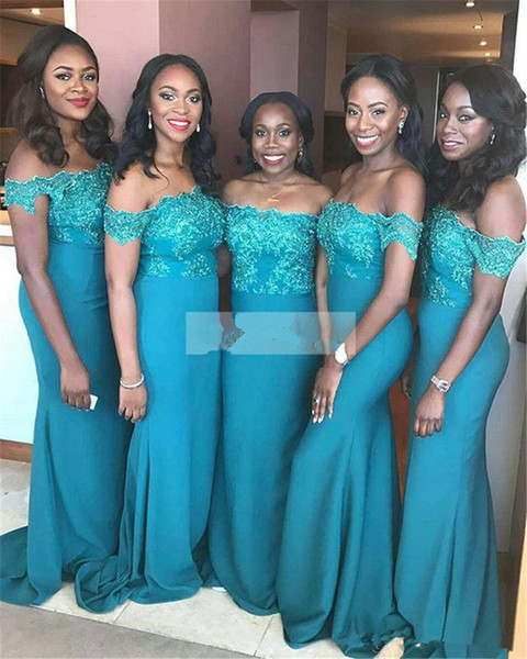 Elegant Blue Off the Shoulder Bridesmaid Gowns Applique 2017 Mermaid Bridesmaids Dress Plus Size Cheap Formal Prom Dresses For Weddings