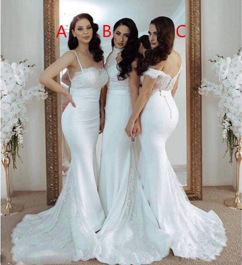 Long Mermaid Bridesmaid Dresses 2017 Three Neckline Style Sleeveless Backless and Button Sweep Train Top Lace and Satin Wedding Party Gowns