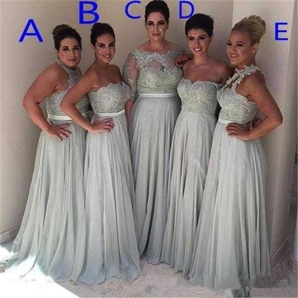 Chiffon with Lace A-line Bridesmaid Dresses 5 Style Neckline Short Sleeve Zipper Sweep Train Sexy Wedding Party Gowns with Ribbons