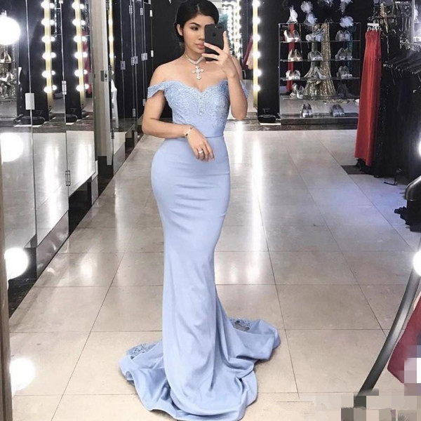 Satin and Applique 2017 Mermaid Bridesmaid Dresses V-Neck Off the Shoulder Sleeveless Backless Sweep Train Wedding Party Gowns with Ribbons