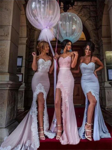 Split Side Long Bridesmaid Dresses 2017 Swetheart Sleeveless Zipper Off the Shoulder Sweep Train Sexy Wedding Party Gowns With Ribbons