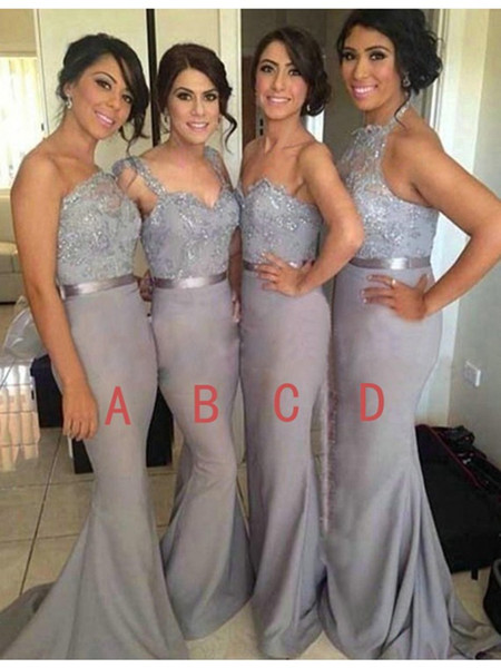 Satin with Lace Long Mermaid Bridesmaid Dresses 2017 Four Neckline Sleeveless Backless Sweep Train Stones with Ribbons Formal Dresses