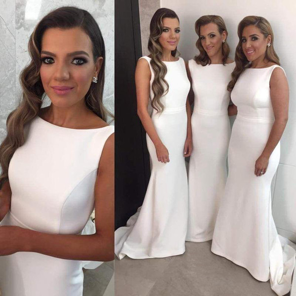 Custom Made White Long Bridesmaid Dresses 2017 Scoop Sleeveless Zipper Sweep Train Mermaid Formal Gowns Dresses with Chiffon Fabric