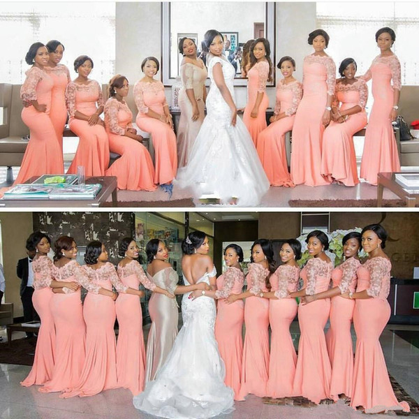 Arabic African Coral Long Bridesmaid Dresses 2017 with Half Sleeves Plus Size Lace Mermaid Party Dress Beautiful Bridemaid Dresses