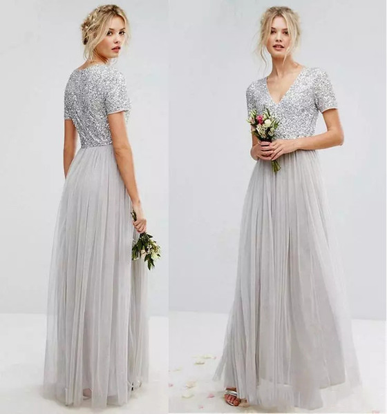 Silver Bohemia V Neck Long Bridesmaid Dresses Tulle Short Sleeves Sequins Wedding Bridal Guest Dresses vestidos de fiesta de noche