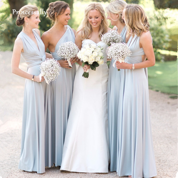 New Light Blue Long Covertible Bridesmaid Dresses Pleated Floor length Country Beach Wedding Guest Party Gowns Cheap Long Prom Dress