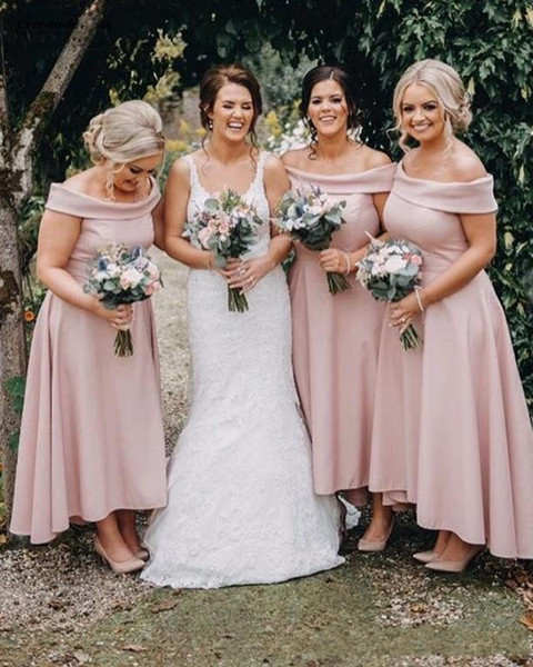 Mingli Tengda Elegant Pink Tea Length Bridesmaid Dresses Off Shoulder A Line High Low Simple Maid of Honor Country Wedding Party Gowns