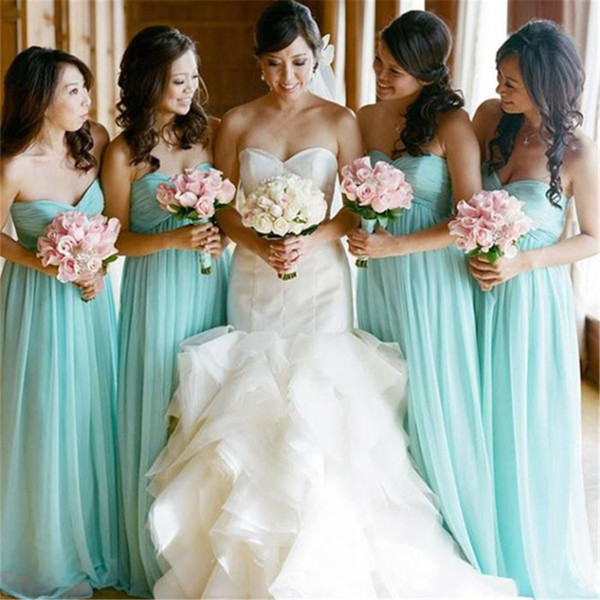 Mingli Tengda High Quality Mint Green Long Bridesmaid Dresses Strapless A Line Floor Length Pleated Chiffon Cheap Wedding Party Gowns