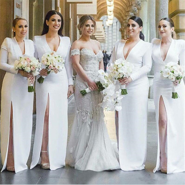 Mingli Tengda White Satin Bridesmaid Dresses Deep V Neck High Slit Long Sleeve Wedding Guest Dress High Quality Women Gowns