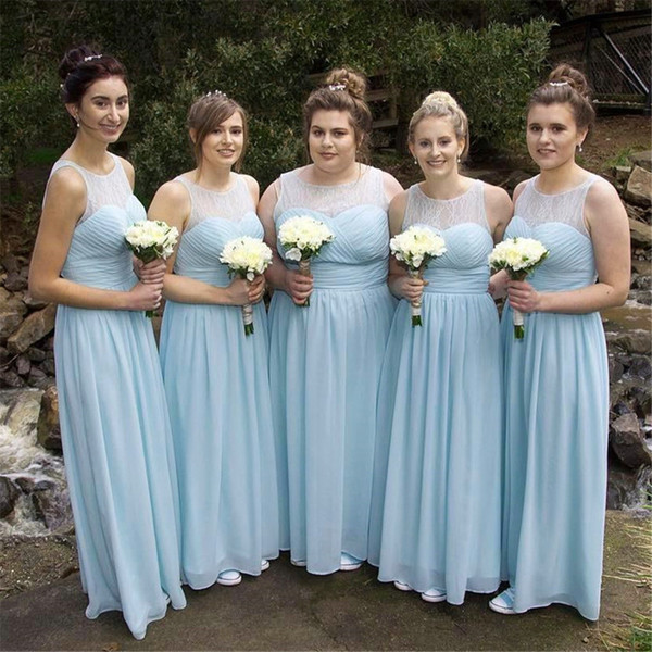 Mingli Tengda Light Blue Sleeveless Lace Chiffon Bridesmaid Dresses A Line O-Neck Floor Length Simple Long Wedding Party Dress Custom Made