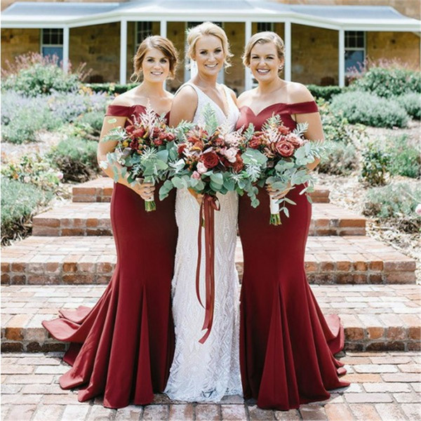 Mingli Tengda Elegant Dark Red Mermaid Bridesmaid Dresses Boat Neck Off The Shoulder Custom Made Maid Of Honor Dress Cheap Women Party Gowns