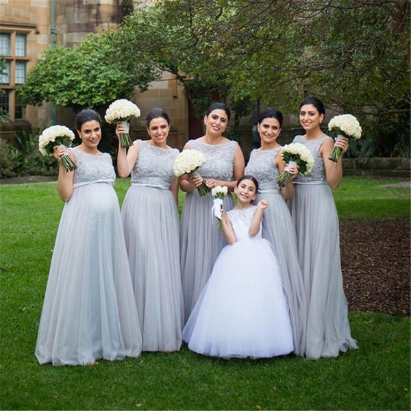 Mingli Tengda Silver Tulle Long Bridesmaid Dresses A Line Floor Length Beaded Appliques Elegant Maid Of Honor Dress Party Gowns