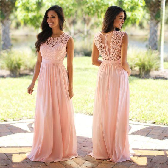 Blush Pink Lace Chiffon Bridesmaid Dress 2018 Sheer Neck Lace Top Zipper Back Floor Length Maid of Honor Wedding Guest Dresses Cheap Long