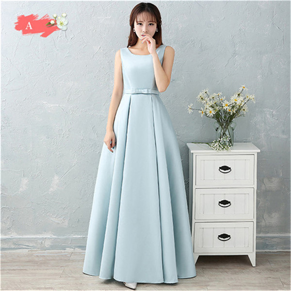 2018 New Elegant Long Bridesmaid Dresses Light Blue Boat Neck Bridesmaid Dress Off the Shoulder Dresses for Wedding Party Mingli Tengda