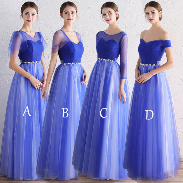 New Blue White Elegant V Neck A-Line Bridesmaid Dresses Simple Long Dress for Wedding Party robe demoiselle d'honneur Mingli Tengda