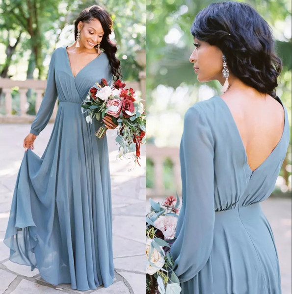 Mingli Tengda V Neck Chiffon Bohemia Long Bridesmaid Dresses Long Sleeves Ruched Floor Length Wedding Guest Maid of Honor Dresses